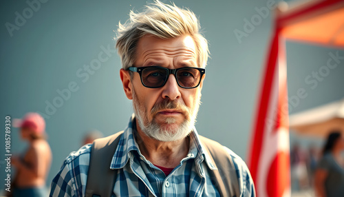 Mature male tourist has bad habits with white shades, png photo