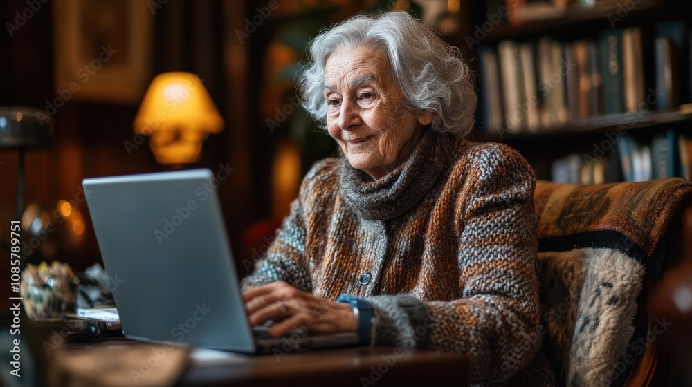 A grandparent sitting at a desk, carefully typing an email to their grandchild, enjoying the connection technology provides. A grandparent sitting at a desk, carefully typing an email to their grandchild, enjoying the connection technology provides.
