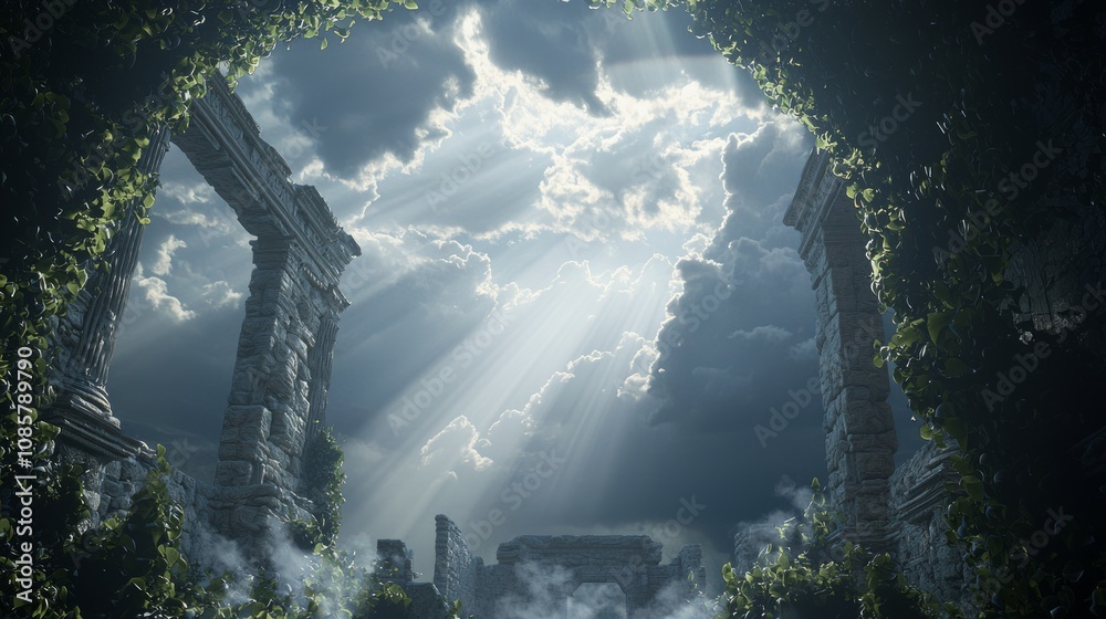 Fototapeta premium Majestic 3D Render of Ancient Roman Ruins Amidst Storm Clouds with Sun Rays - Ultra-Detailed Atmospheric Artwork with Dramatic Light