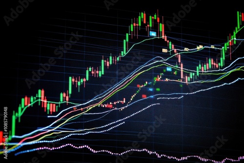 Financial stock market graph illustrating economic trends, showcasing fluctuations in market data with rising and falling graphs.
