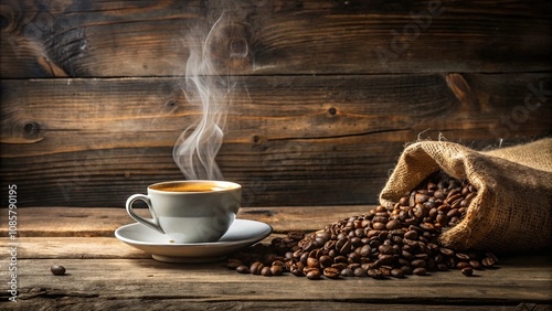 Aromatic coffee cup with steam rising, next to a burlap sack overflowing with roasted coffee beans on rustic wooden surface.