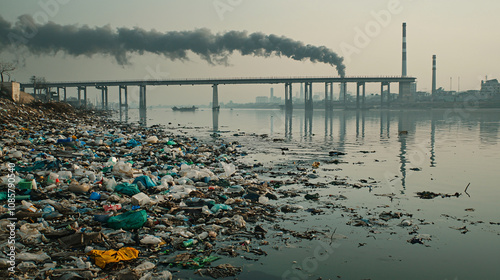 This depicts polluted Indian river filled with waste, showcasing environmental impact of industrial activities. scene evokes sense of urgency for ecological awareness and action