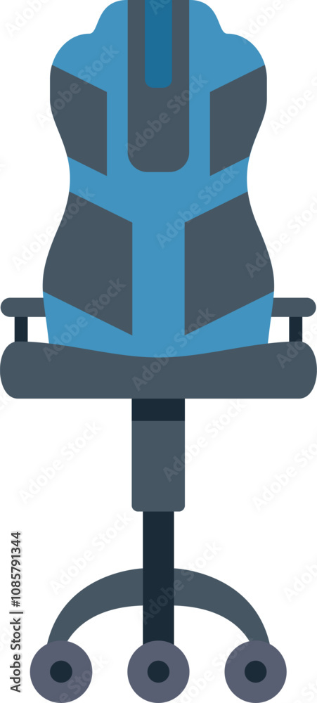 Modern empty gaming chair standing on wheels, back view of comfortable furniture for cybersport competitions Modern empty gaming chair standing on wheels, back view of comfortable furniture for cybersport competitions