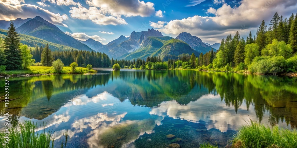 Fototapeta premium Mountain Lake Reflection with Clouds, Nature, Landscape, Serenity
