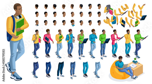 Isometric cartoon people, 3D Set for creating Black Man Student person. Full length gestures isolated, N7. Create your own design for vector