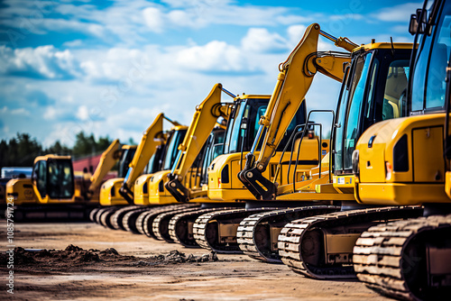 Photo Fleet of yellow construction machines background photo