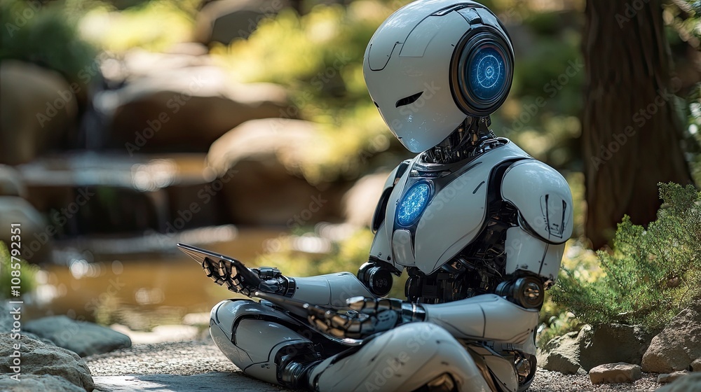 Robot meditation pose with energy aura in zen garden Robot meditation pose with energy aura in zen garden