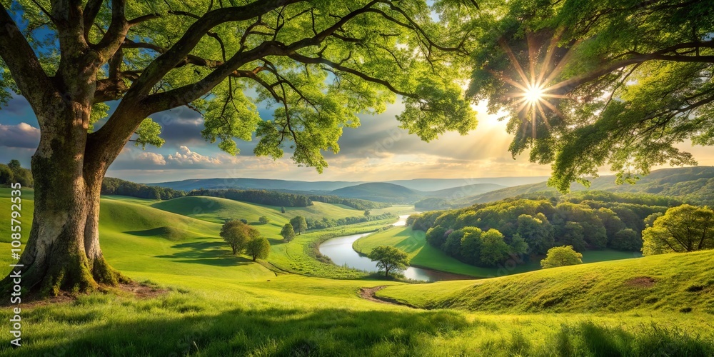 Serene Sunset Over Rolling Green Hills and a Winding River, Viewed from Under the Canopy of a Majestic Tree Serene Sunset Over Rolling Green Hills and a Winding River, Viewed from Under the Canopy of a Majestic Tree