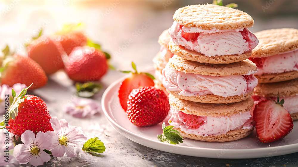 Delicious strawberry ice cream sandwiches with fresh strawberries and flowers, perfect for sweet treat. Enjoy vibrant colors and textures of this delightful dessert! Delicious strawberry ice cream sandwiches with fresh strawberries and flowers, perfect for sweet treat. Enjoy vibrant colors and textures of this delightful dessert!