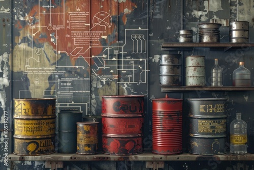 A row of rusty barrels and cans sit in front of a wall covered in worn maps, diagrams, and graffiti. photo