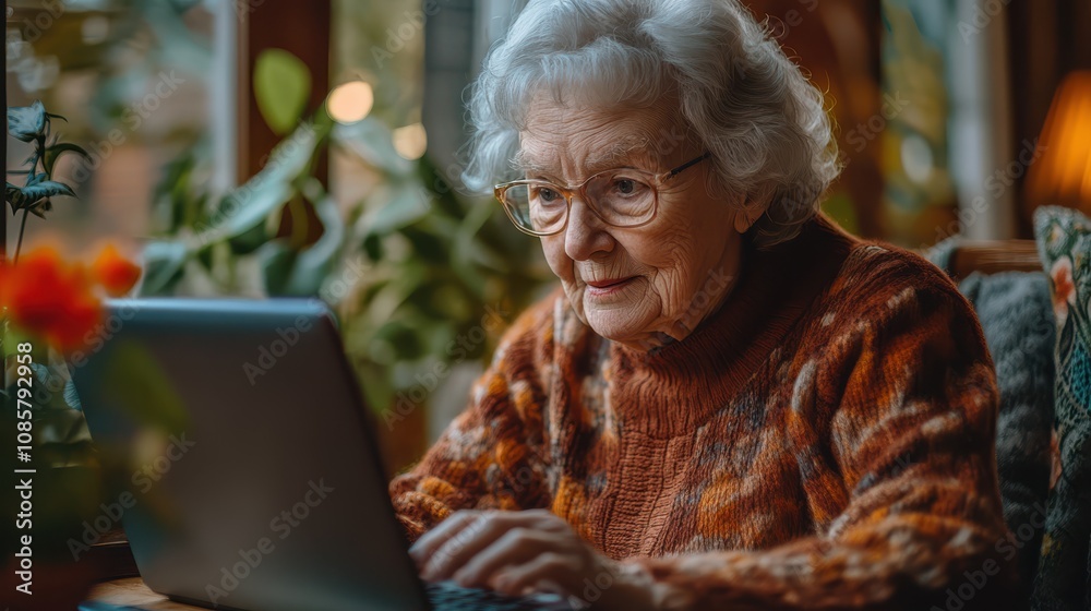 A senior participating in an online community for hobbyists, sharing tips and projects with people from around the world, feeling a sense of belonging. A senior participating in an online community for hobbyists, sharing tips and projects with people from around the world, feeling a sense of belonging.