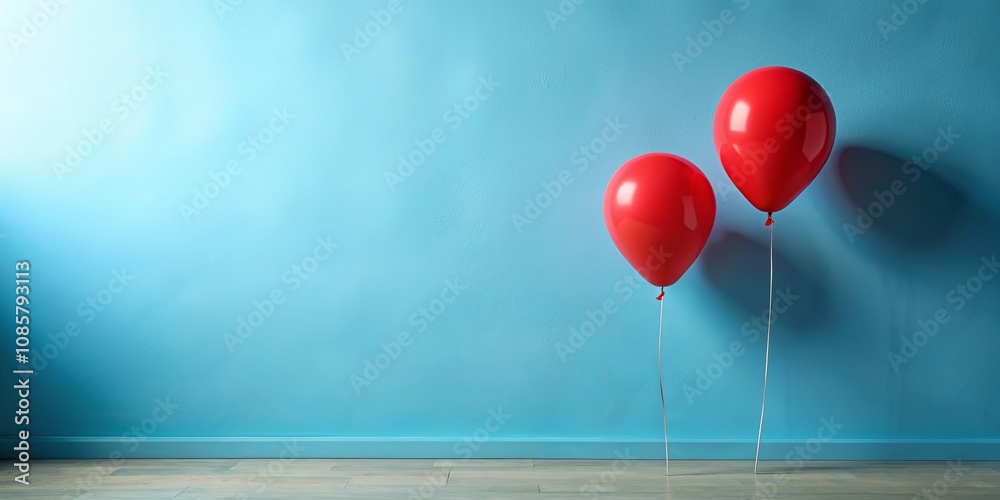Two Red Balloons Floating Against a Light Blue Wall