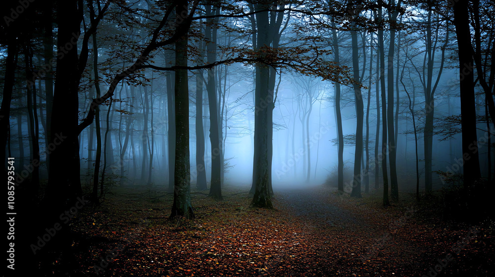 Obraz premium Mysterious dark forest shrouded in fog with towering trees and a winding path illuminated by soft light