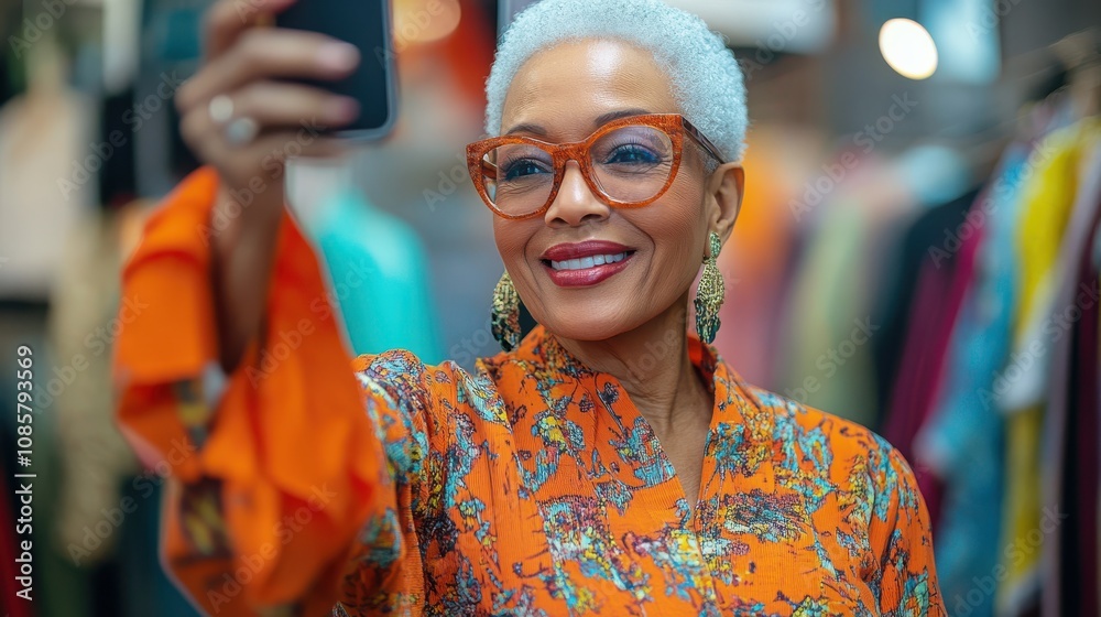 A senior woman capturing a selfie while trying on a new outfit, excited to share her fashion choice with her social media followers. A senior woman capturing a selfie while trying on a new outfit, excited to share her fashion choice with her social media followers.