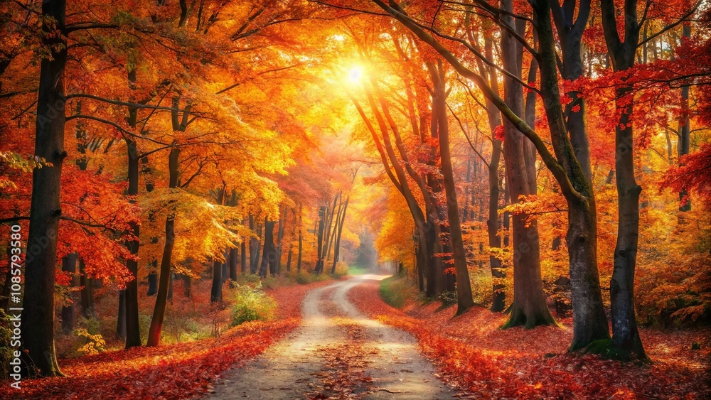 Fototapeta premium Autumnal Pathway Through a Sunlit Forest of Vibrant Red and Gold Leaves