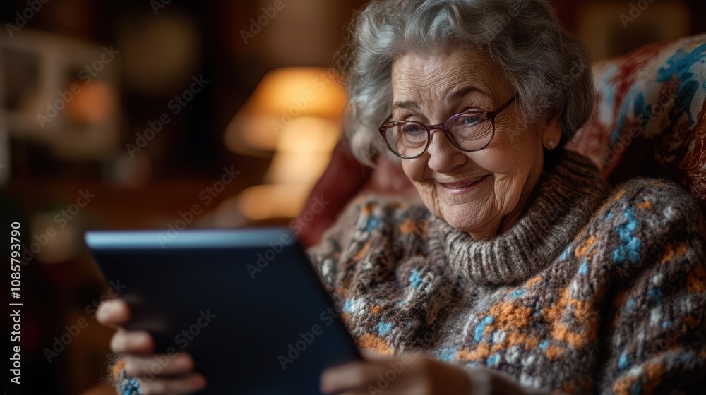 A senior woman scrolling through her social media feed on a tablet, smiling as she reads comments from friends and family. A senior woman scrolling through her social media feed on a tablet, smiling as she reads comments from friends and family.