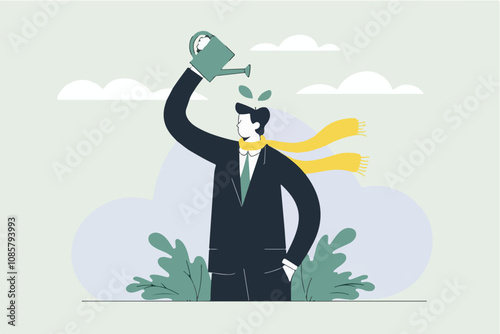 businessman watering his head symbolizing personal growth and self-development vector illustration.


