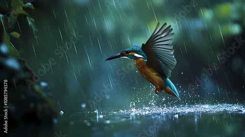 Magnificent kingfisher halcyon bird with wings spread taking flight bathing in the rain photo illustration, wildlife, animal, ai. Halcyon. Illustration