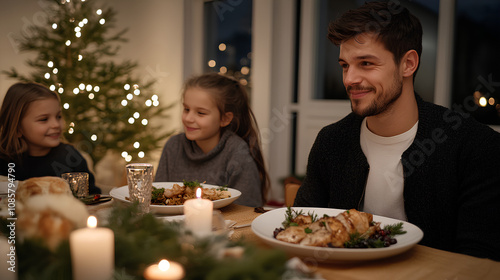 Christmas Eve dinner table surrounded by family, with delicious food, candles, and warm holiday decorations