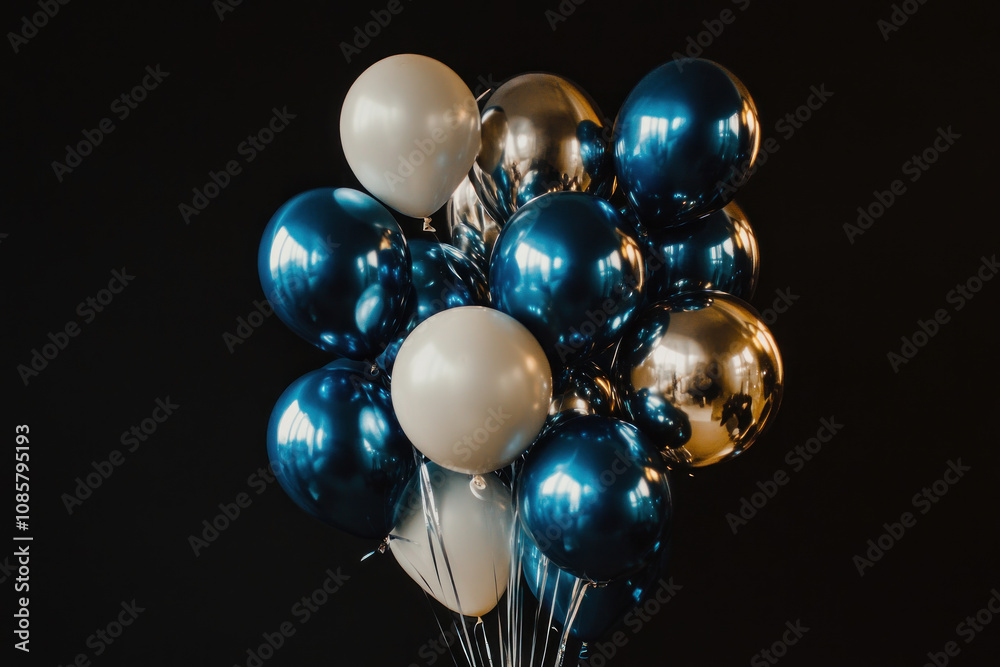 Bunch of blue and white balloons against clear sky at a festive celebration. Bunch of blue and white balloons against clear sky at a festive celebration.