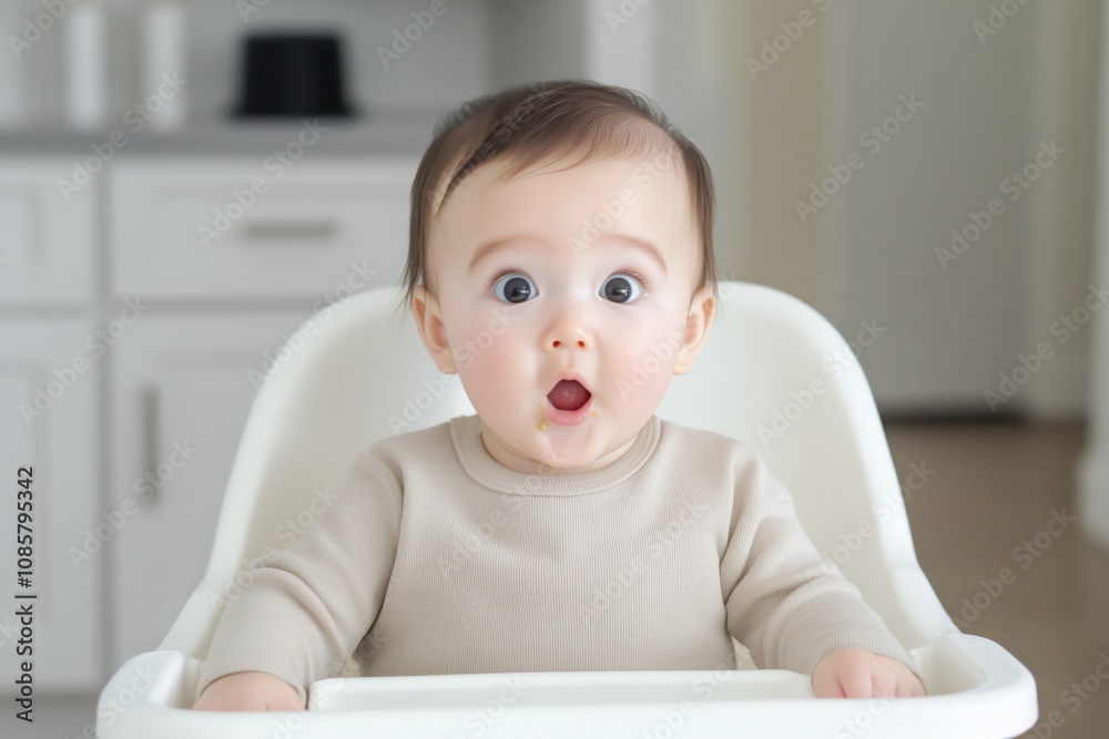 Baby discovers solid food for the first time in a bright and modern kitchen Baby discovers solid food for the first time in a bright and modern kitchen