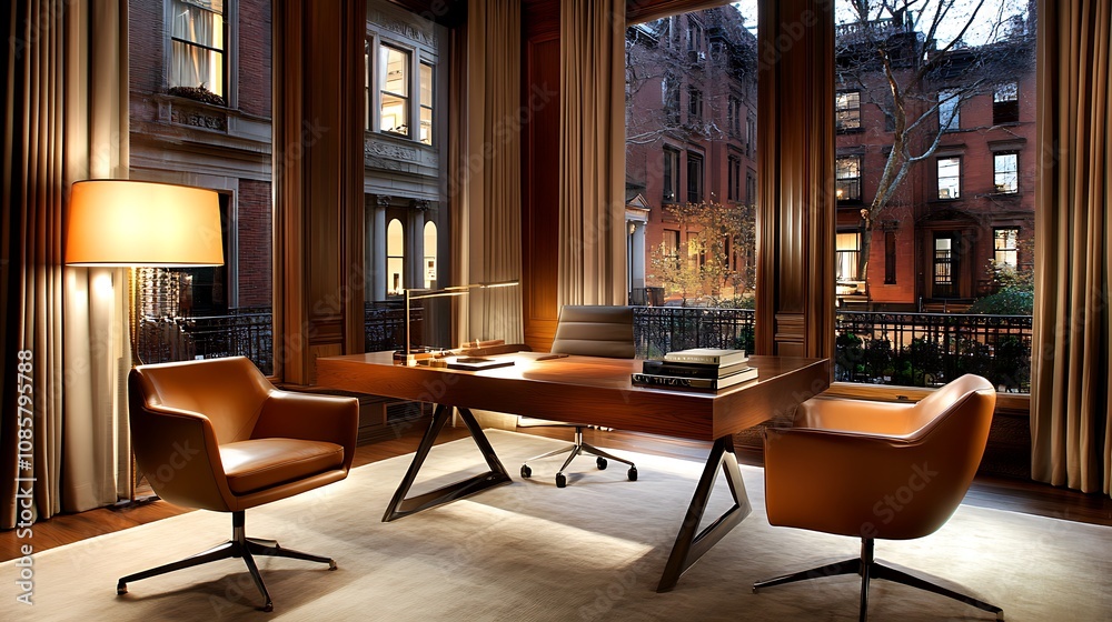 Modern Office with City View and Brown Leather Chairs Modern Office with City View and Brown Leather Chairs