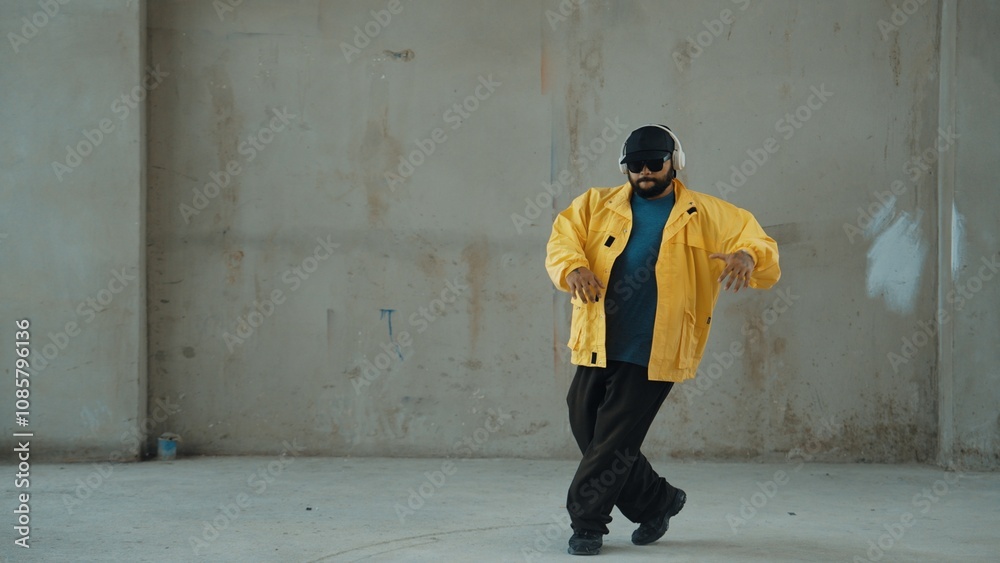 Hipster shows or practicing footstep at street, urban city. Motion shot of young stylish break dancer moving and stretch arm and leg. Outdoor sport 2024. Gray background. Hip hop fashion. Hiphop. Hipster shows or practicing footstep at street, urban city. Motion shot of young stylish break dancer moving and stretch arm and leg. Outdoor sport 2024. Gray background. Hip hop fashion. Hiphop.
