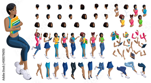 Isometric cartoon people, 3D Set for creating Black Student person. Full length gestures isolated, N3. Create your own design for vector