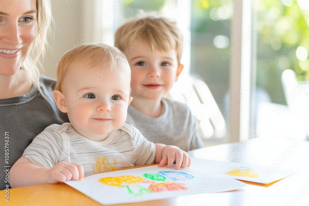 Baby rests on parents lap while older sibling showcases colorful drawing in sunny kitchen Baby rests on parents lap while older sibling showcases colorful drawing in sunny kitchen