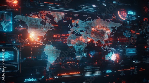 Futuristic World Map in Digital Display with Highlights photo