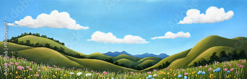 A serene landscape featuring rolling hills, colorful flowers, and a bright blue sky.