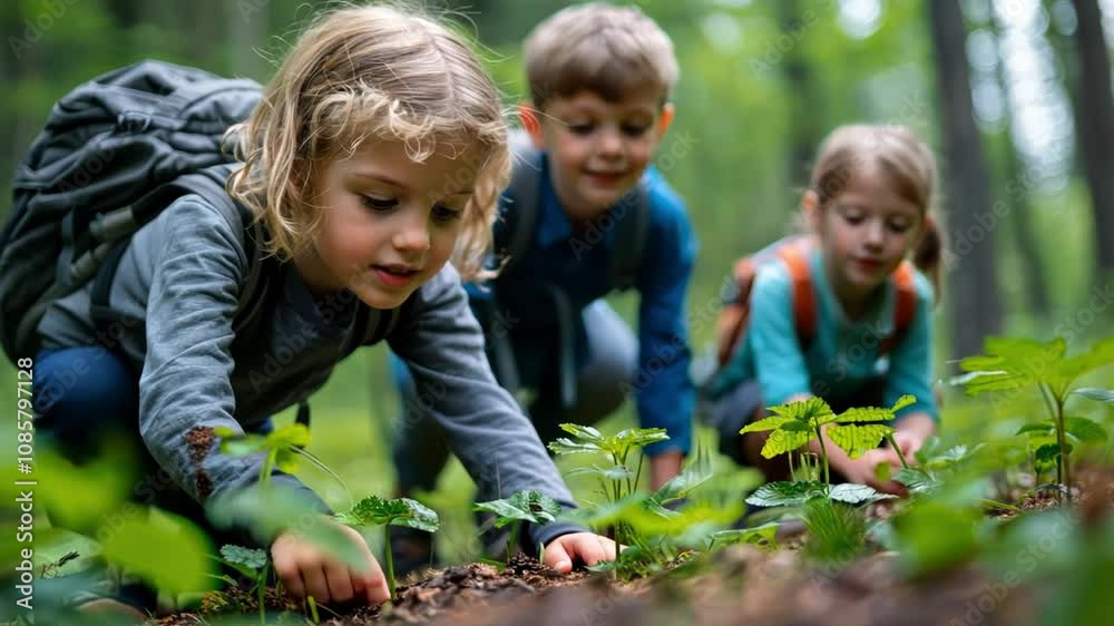 Three children are playing in a forest, one of them is looking at a plant Three children are playing in a forest, one of them is looking at a plant