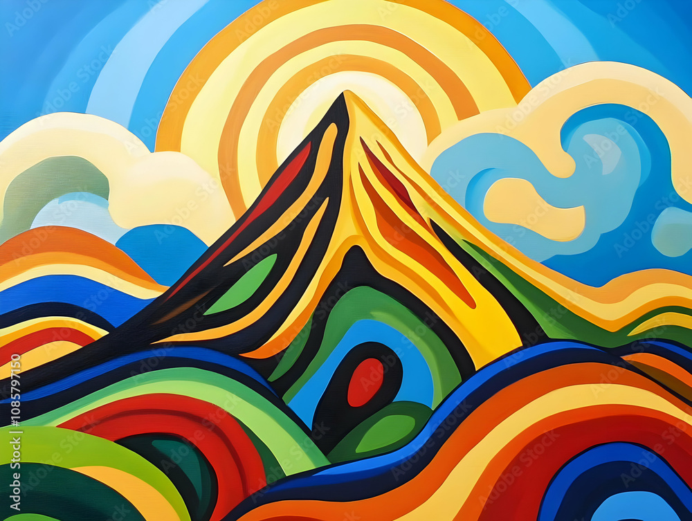 A vibrant abstract landscape featuring a colorful mountain and swirling patterns. A vibrant abstract landscape featuring a colorful mountain and swirling patterns.