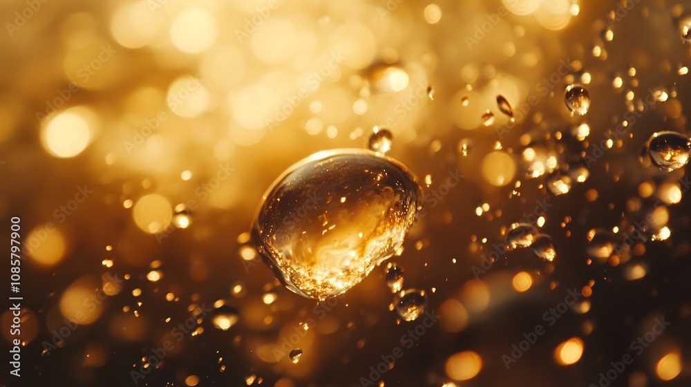 Close-up of golden bubbles suspended in shimmering liquid. Close-up of golden bubbles suspended in shimmering liquid.