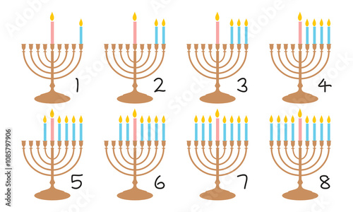 8 nights of Hanukkah. Menorah series starting with first night and ending with eight. Flat illustration isolated on white. Vector illustration