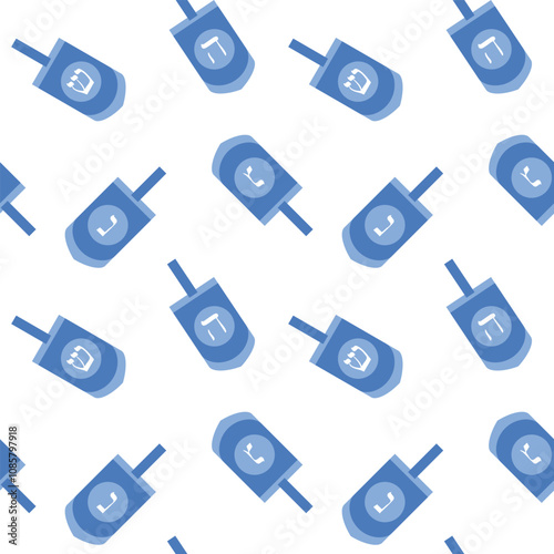 Simple Dreidel Seamless Pattern In Blue. Happy Hanukkah. Game For Children. White Background Flat Style. Wrapping , Wallpapers. Vector illustration