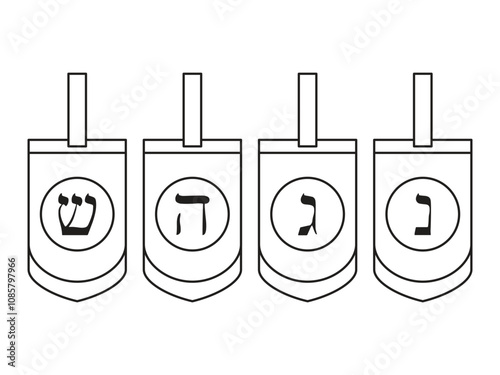 Set Of Four Dreidels In Black And White With Editable Stroke Lines. Linear Icons. Change Line Weight. Isolated On White. Vector illustration