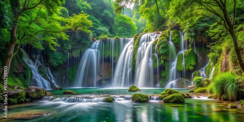 Serene Waterfall in Lush Green Forest, Long Exposure, Waterfalls, Nature, Tranquility