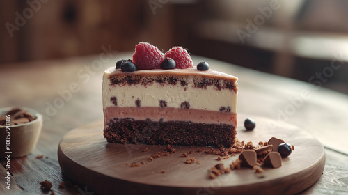 A single serving of layered cake on a round wooden board with three distinct layers of chocolate vanilla and berry with aspberries and blueberries as garnish photo