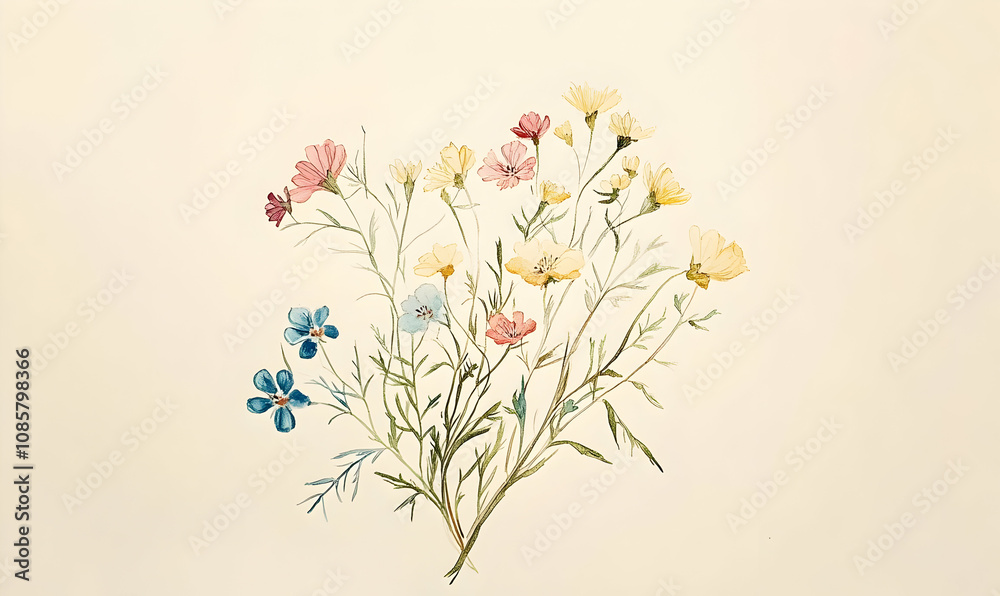 Naklejka premium A delicate watercolor illustration of various wildflowers arranged artistically.