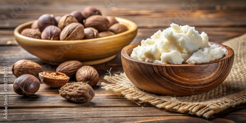 Shea Butter in Wooden Bowl with Nuts, Shea Butter, Organic Butter, Natural Beauty photo