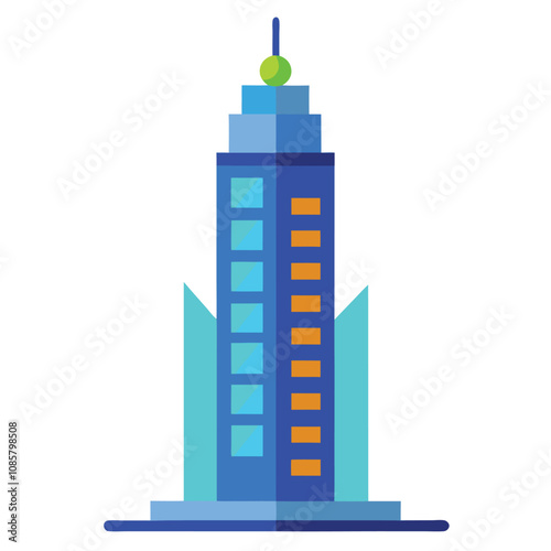 3D cityscape with green skyscraper and urban buildings illustration