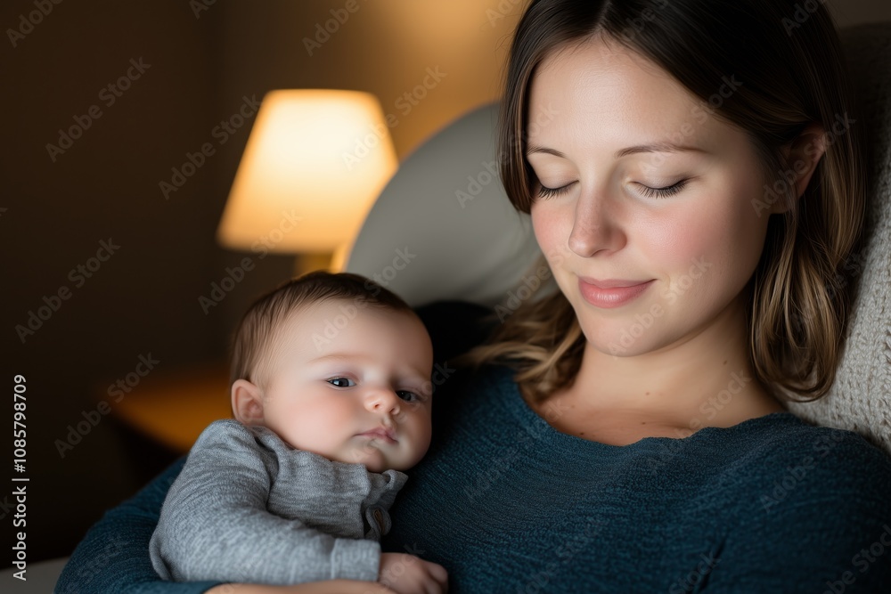 Mother holds her baby close during a quiet sleepless night illuminated by soft lamplight Mother holds her baby close during a quiet sleepless night illuminated by soft lamplight