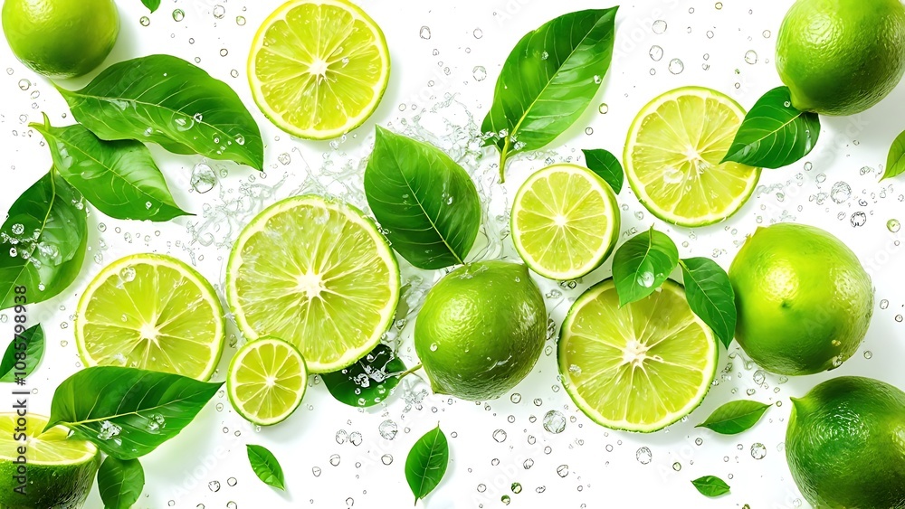 Set of fresh delicious limes splashing with leaves Set of fresh delicious limes splashing with leaves