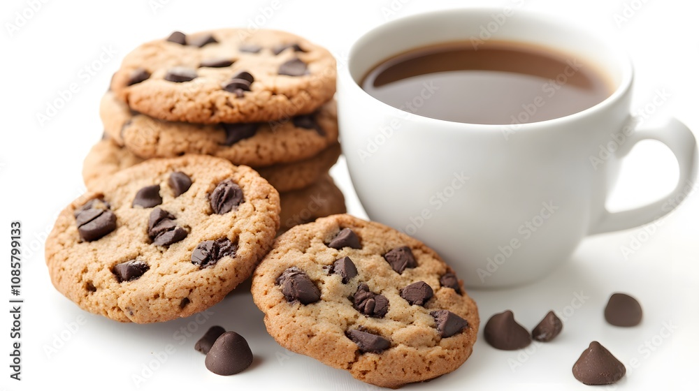 Delicious chocolate chip cookies with a cup of coffee on a bright, inviting background.