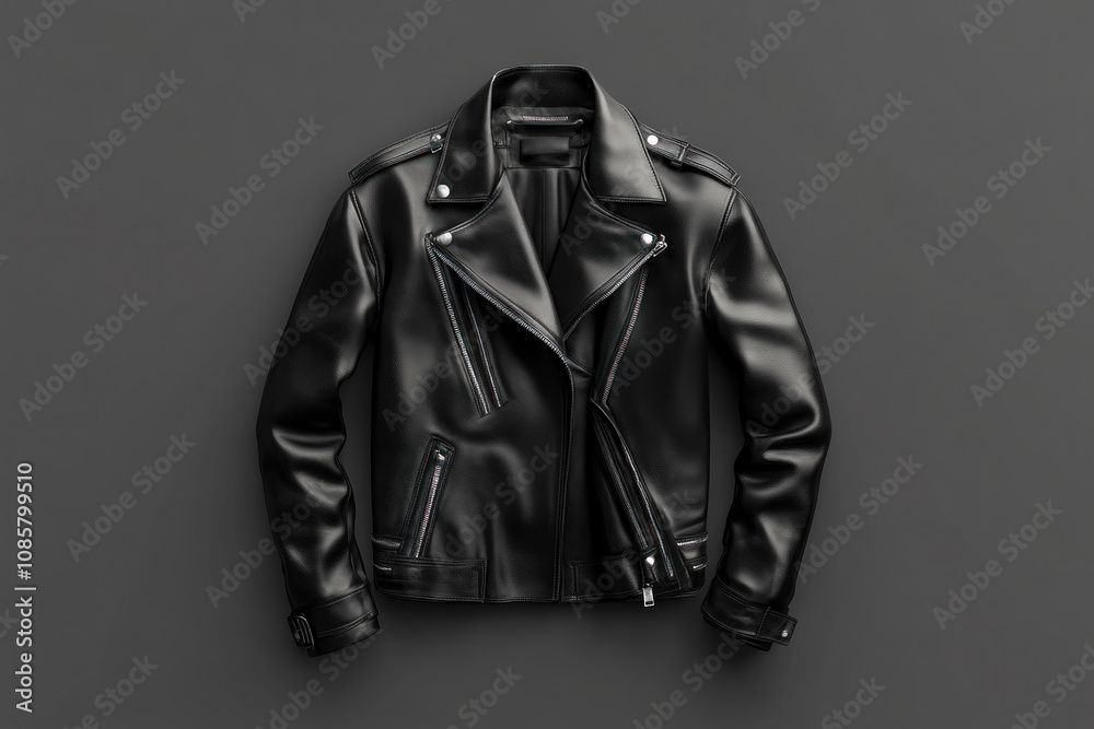 Black leather jacket against gray background. Black leather jacket against gray background.