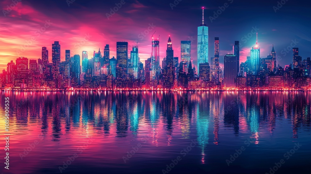 Fototapeta premium Vibrant skyline reflection at dusk with colorful lights in the city