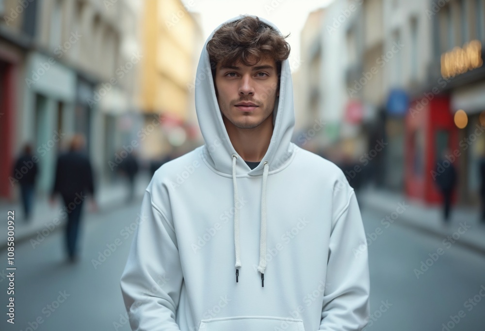 Fototapeta premium Front view of a young man wearing a blank white hooded sweatshirt with kangaroo pockets on a city street