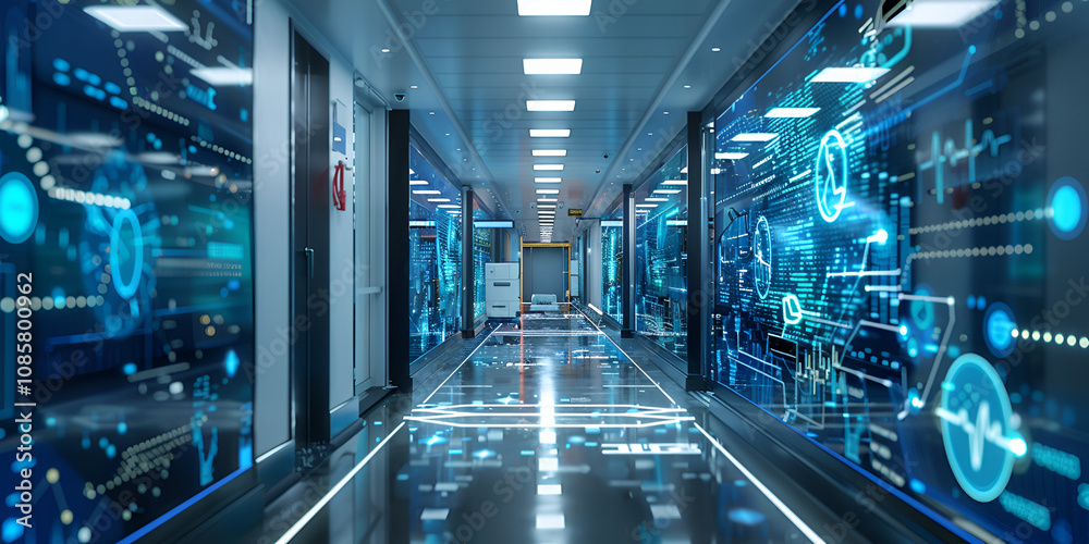 High-tech hospital hallway with glowing medical data displays, Futuristic medical environment with advanced digital systems High-tech hospital hallway with glowing medical data displays, Futuristic medical environment with advanced digital systems