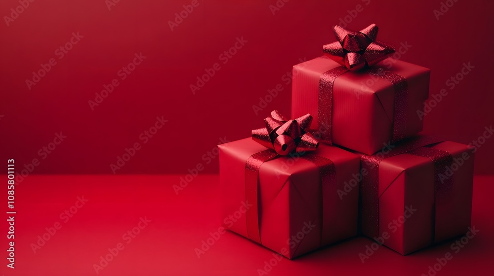 Three festive red gift boxes adorned with shiny bows on a bold red background. Three festive red gift boxes adorned with shiny bows on a bold red background.